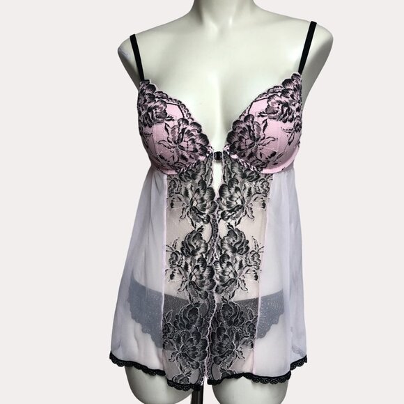 La Senza Light Pink Mesh & Black Lace Sheer Baby Doll Size Medium - Picture 1 of 10